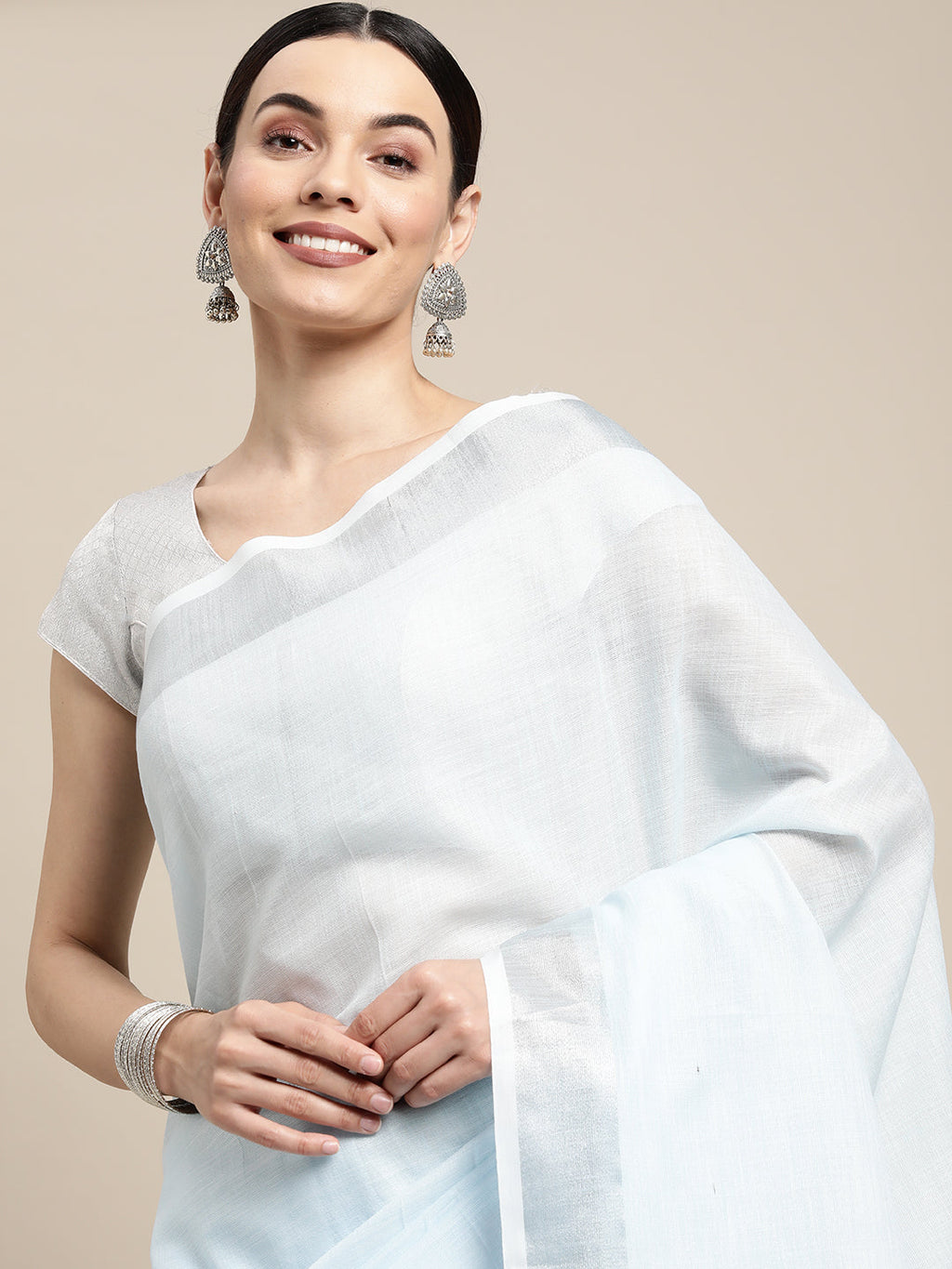 Shree Shyam Fashion Elegant Sky Blue Woven Linen Saree with Contrast Zari Border & Tassels - Soft & Breathable Party Wear