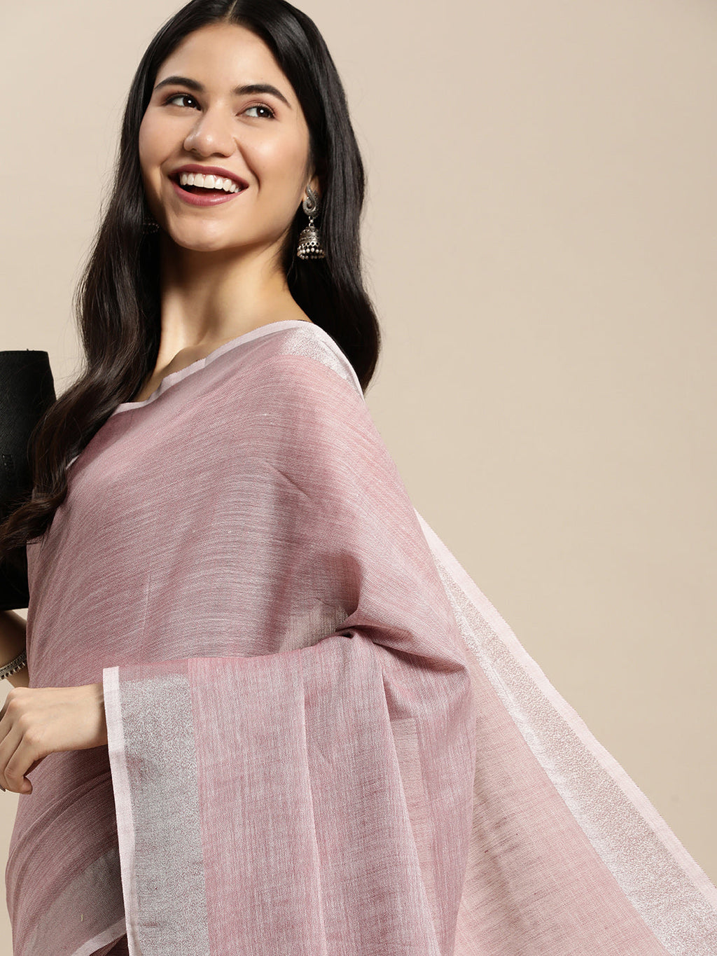 Mauve Woven Linen Saree with Contrast Zari Border & Tassels