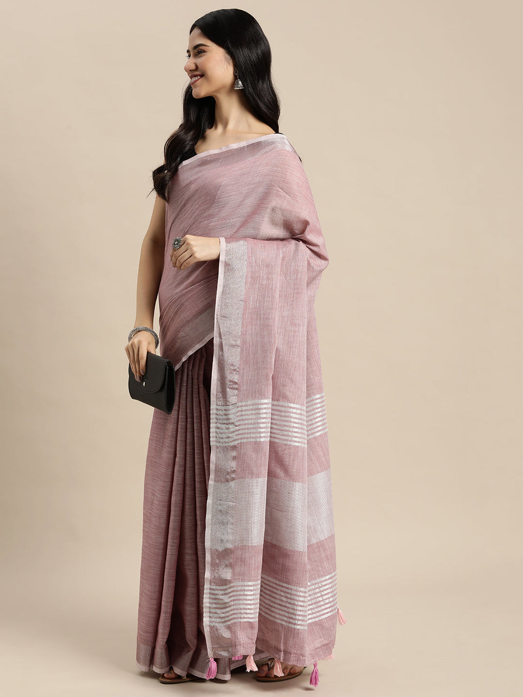 Mauve Woven Linen Saree with Contrast Zari Border & Tassels