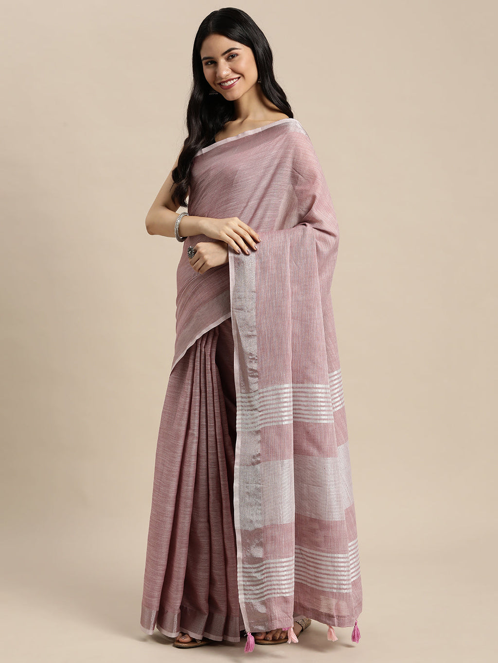 Mauve Woven Linen Saree with Contrast Zari Border & Tassels