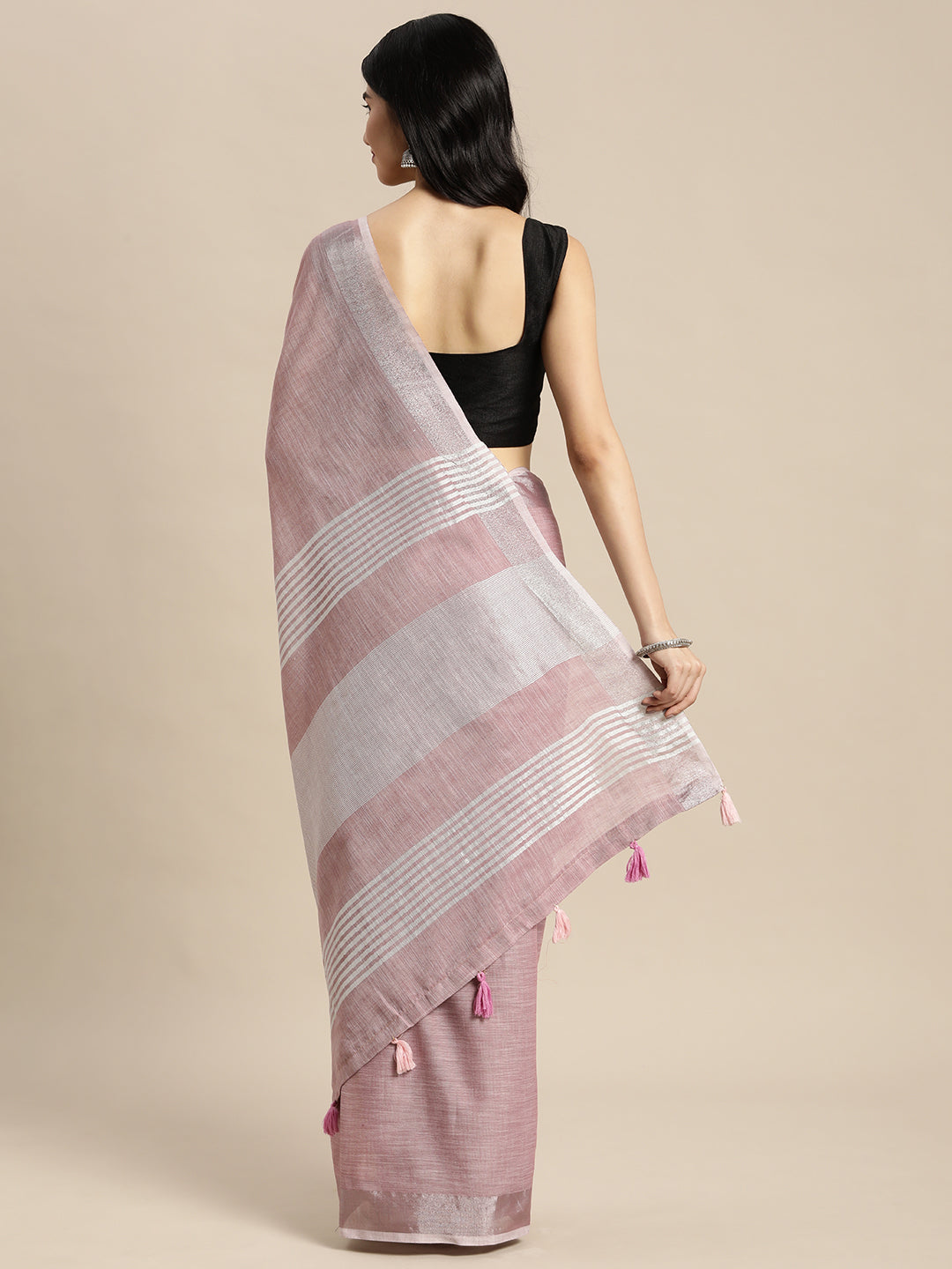Mauve Woven Linen Saree with Contrast Zari Border & Tassels
