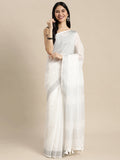 Elegant white linen saree with contrast zari border and decorative tassels