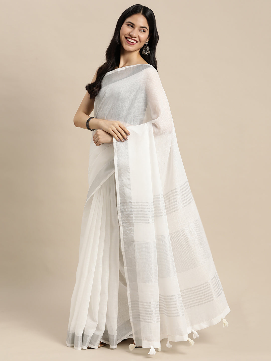 Elegant White Woven Linen Saree with Contrast Zari Border and Tassels