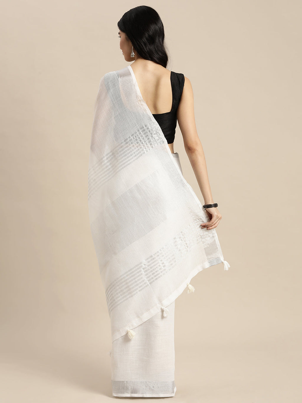 Elegant White Woven Linen Saree with Contrast Zari Border and Tassels