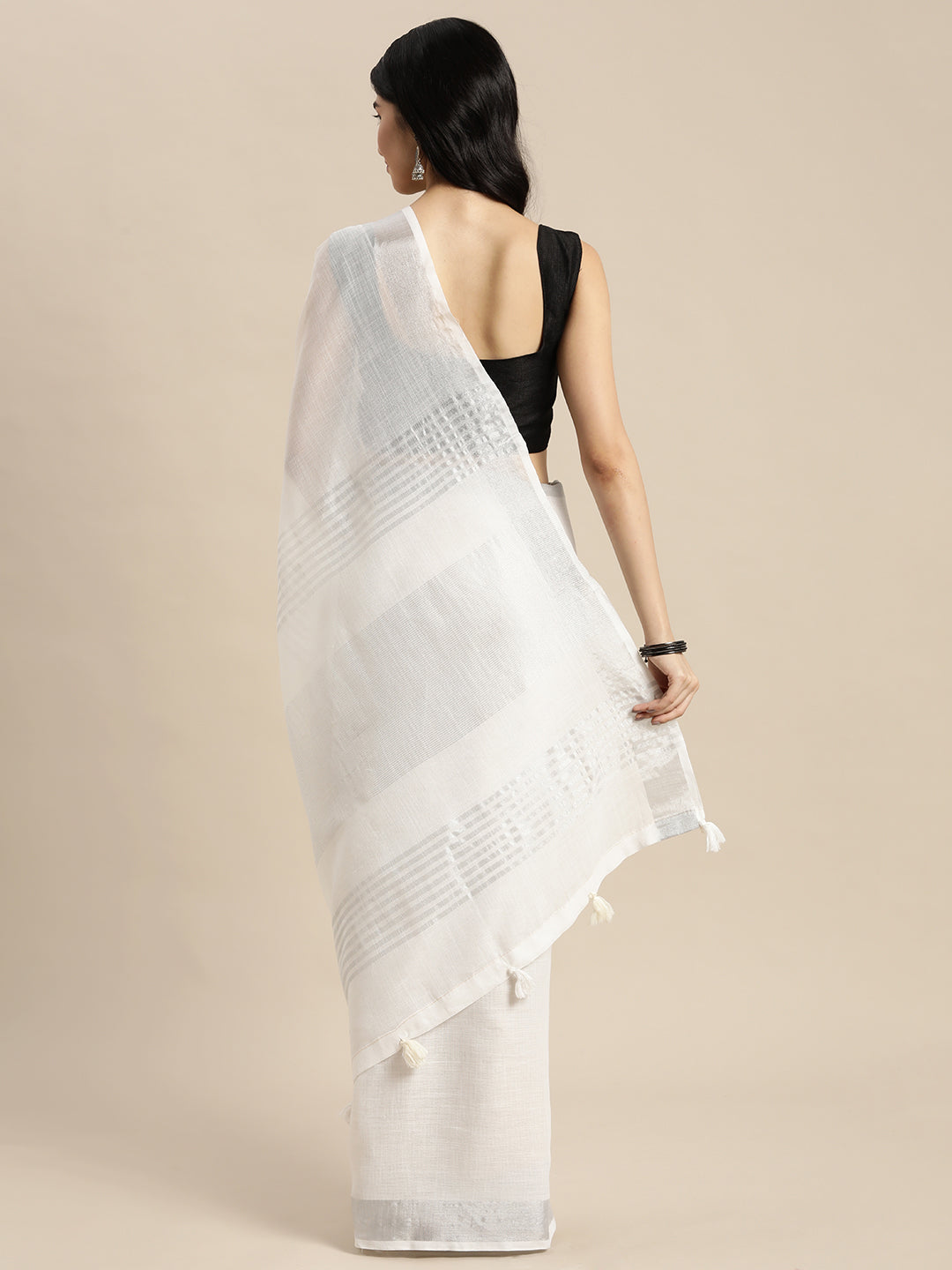 Elegant White Woven Linen Saree with Contrast Zari Border and Tassels