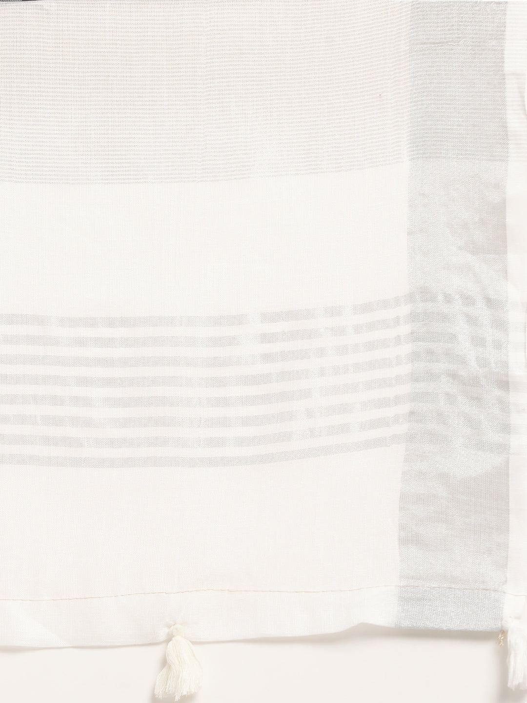 Elegant White Woven Linen Saree with Contrast Zari Border and Tassels