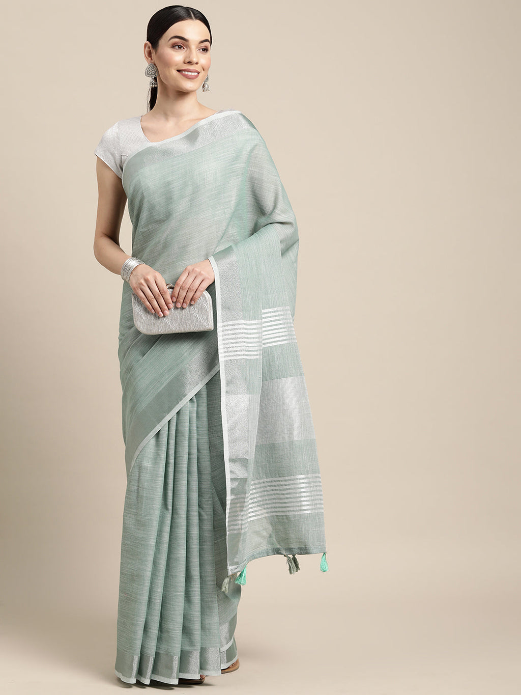 Shree Shyam Fashion Elegant Sea Green Woven Linen Saree with Contrast Zari Border & Tassels - Soft & Breathable Party Wear