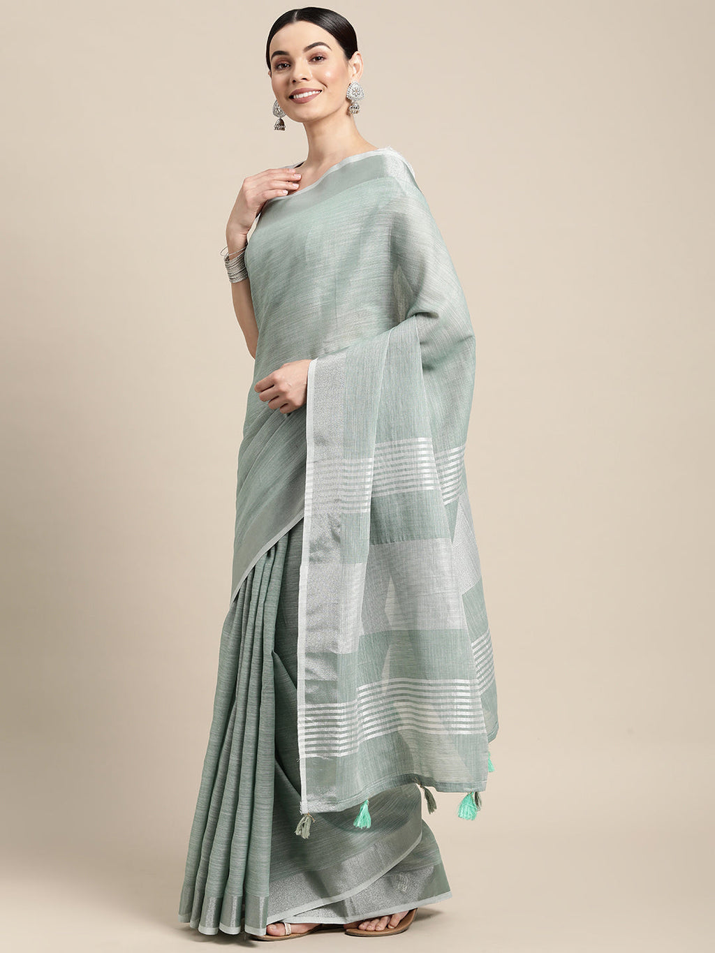 Shree Shyam Fashion Elegant Sea Green Woven Linen Saree with Contrast Zari Border & Tassels - Soft & Breathable Party Wear