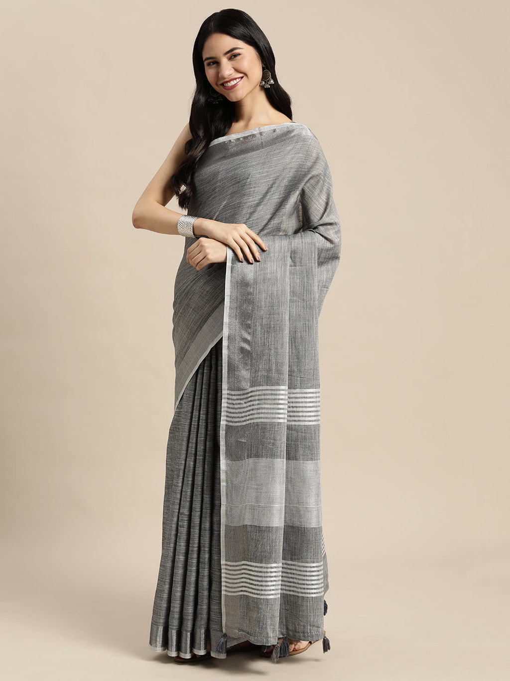 Dark Grey Woven Linen Saree with Contrast Zari Border & Tassels