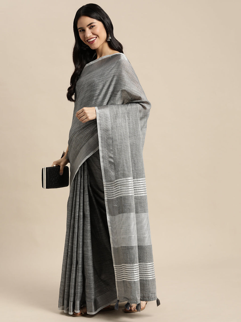 Dark Grey Woven Linen Saree with Contrast Zari Border & Tassels