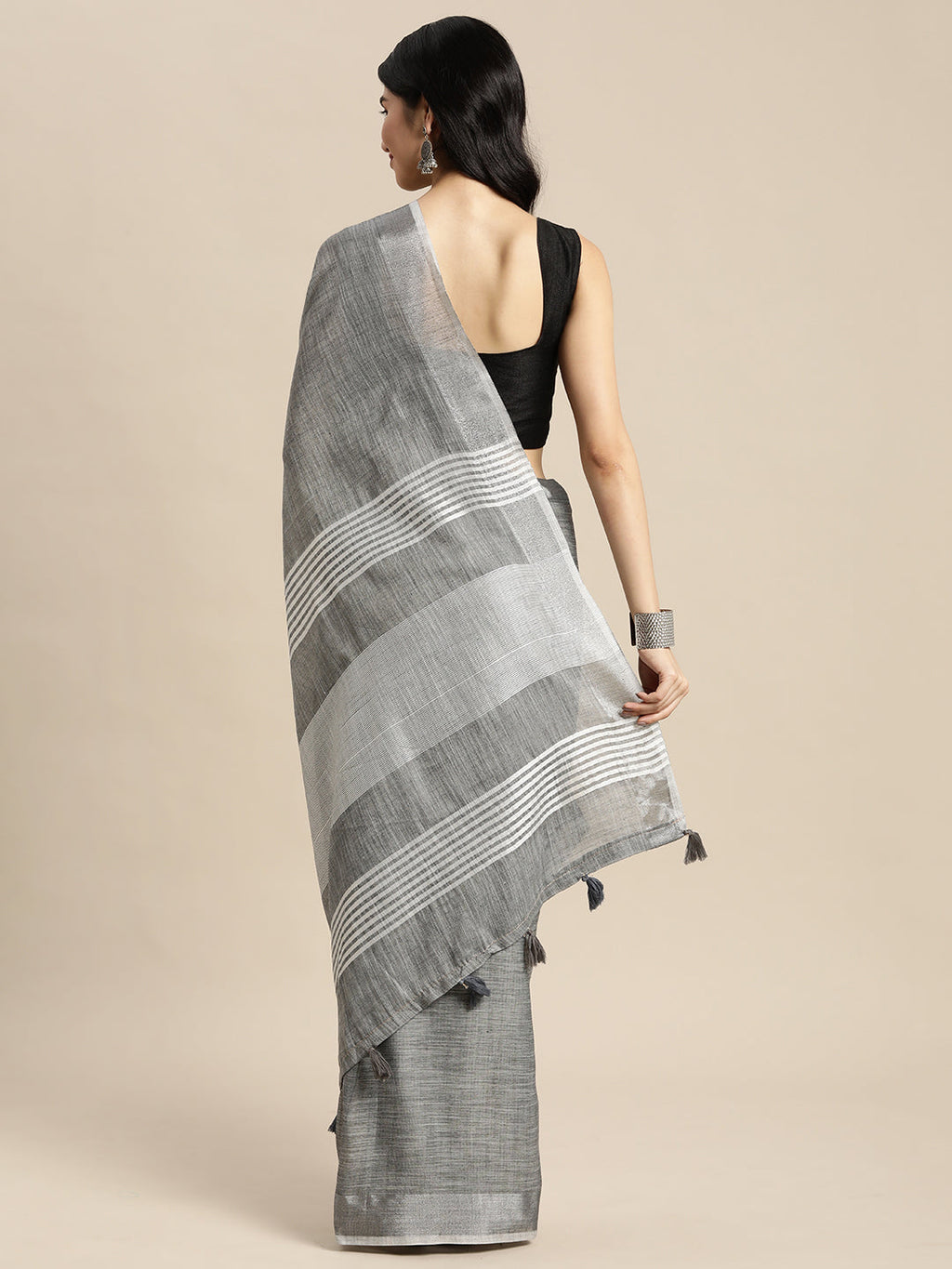 Dark Grey Woven Linen Saree with Contrast Zari Border & Tassels