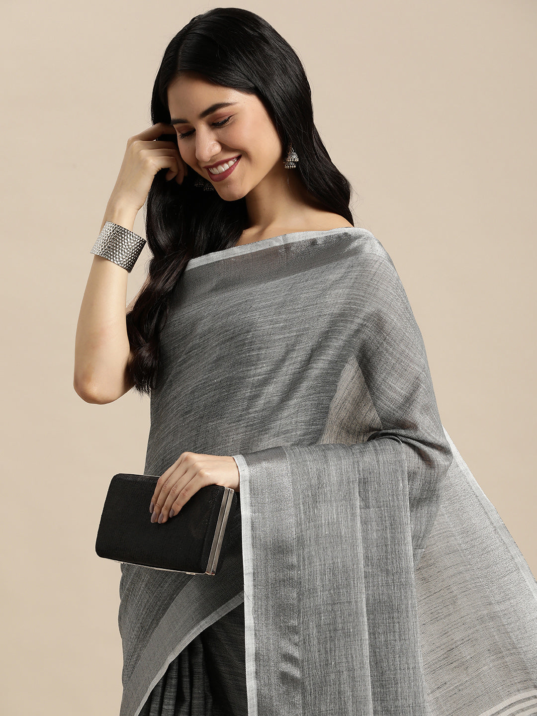 Dark Grey Woven Linen Saree with Contrast Zari Border & Tassels