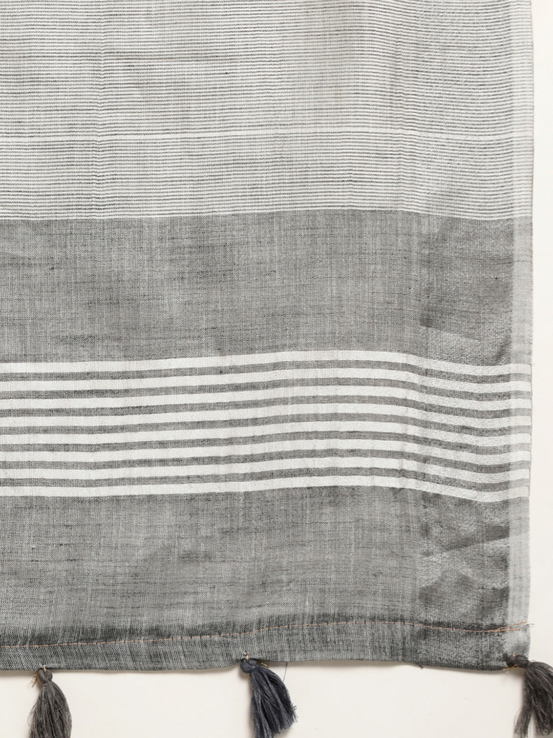 Dark Grey Woven Linen Saree with Contrast Zari Border & Tassels