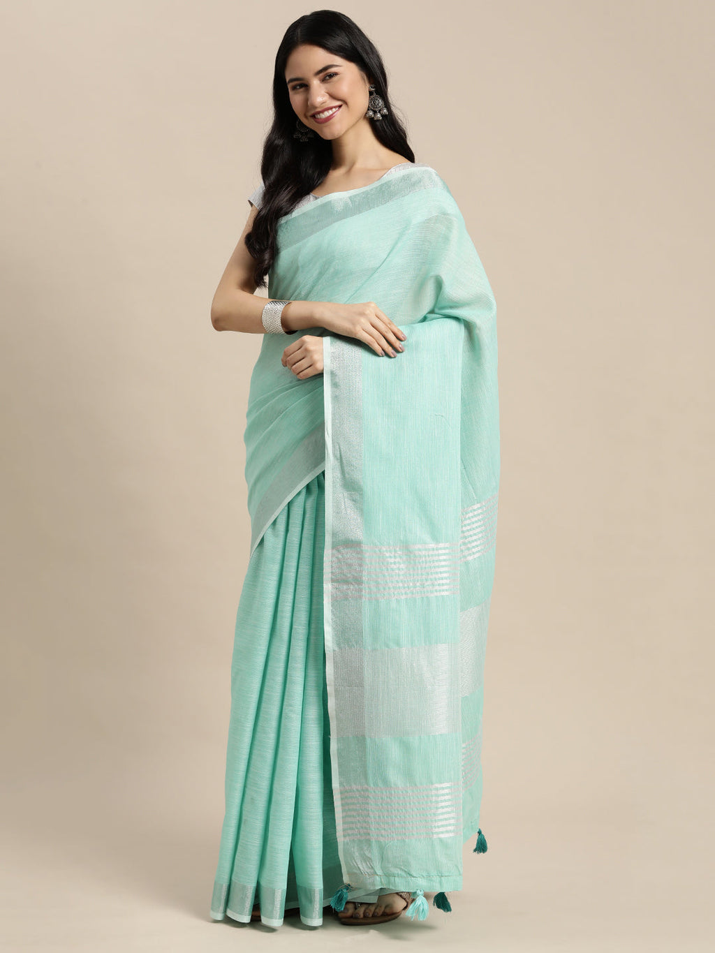 Turquoise Woven Linen Saree with Contrast Zari Border & Tassels
