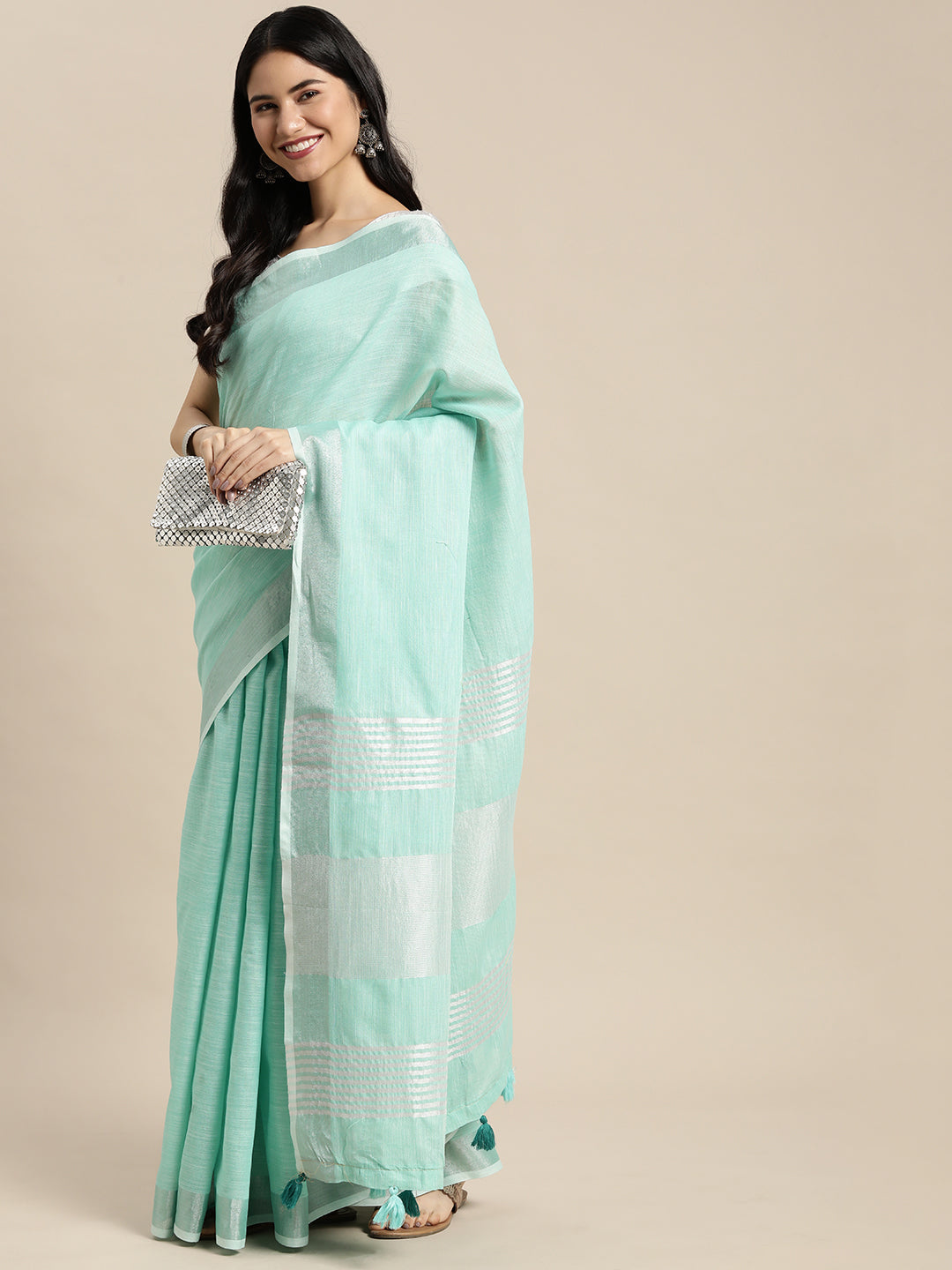 Turquoise Woven Linen Saree with Contrast Zari Border & Tassels