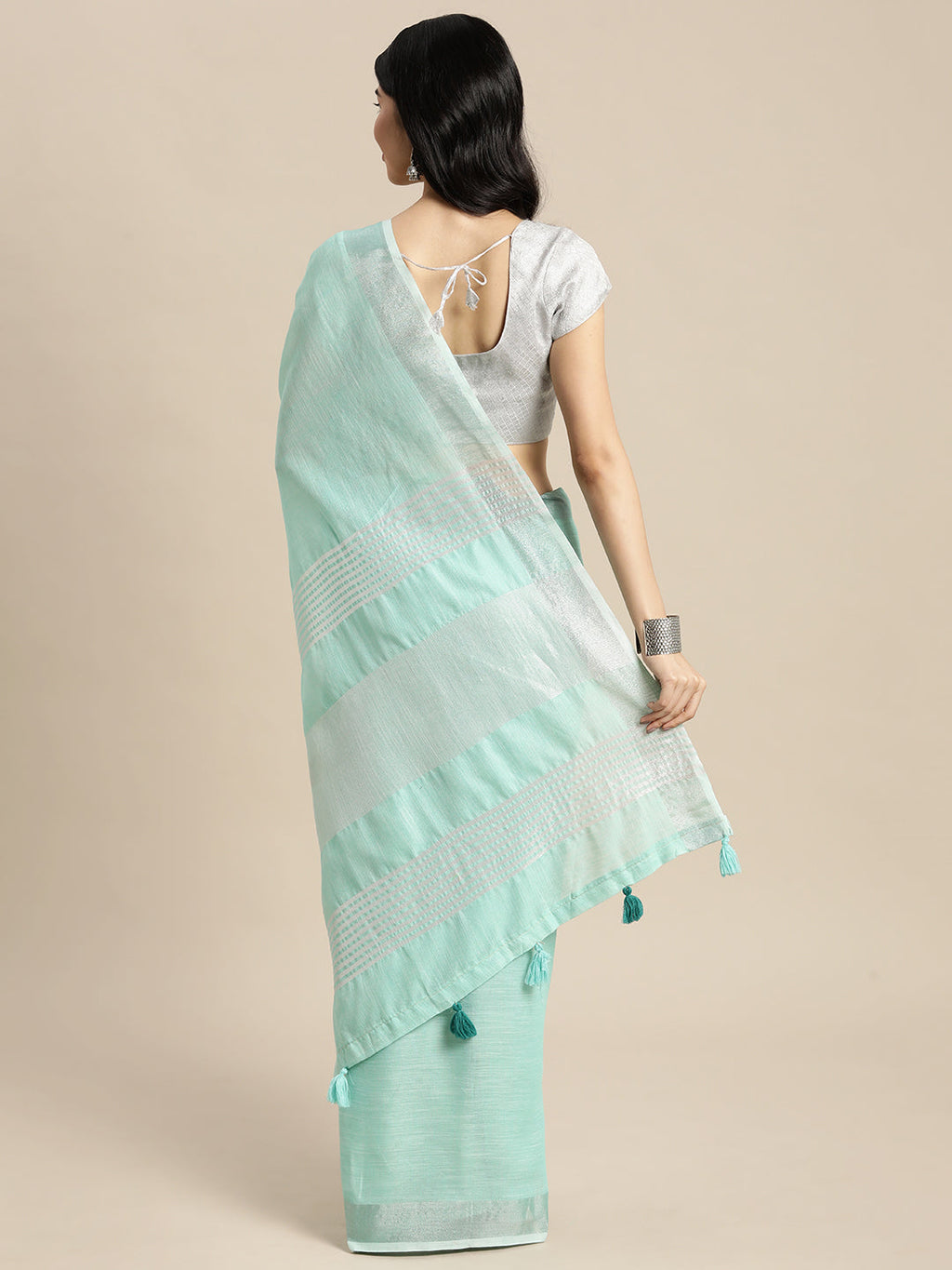 Turquoise Woven Linen Saree with Contrast Zari Border & Tassels