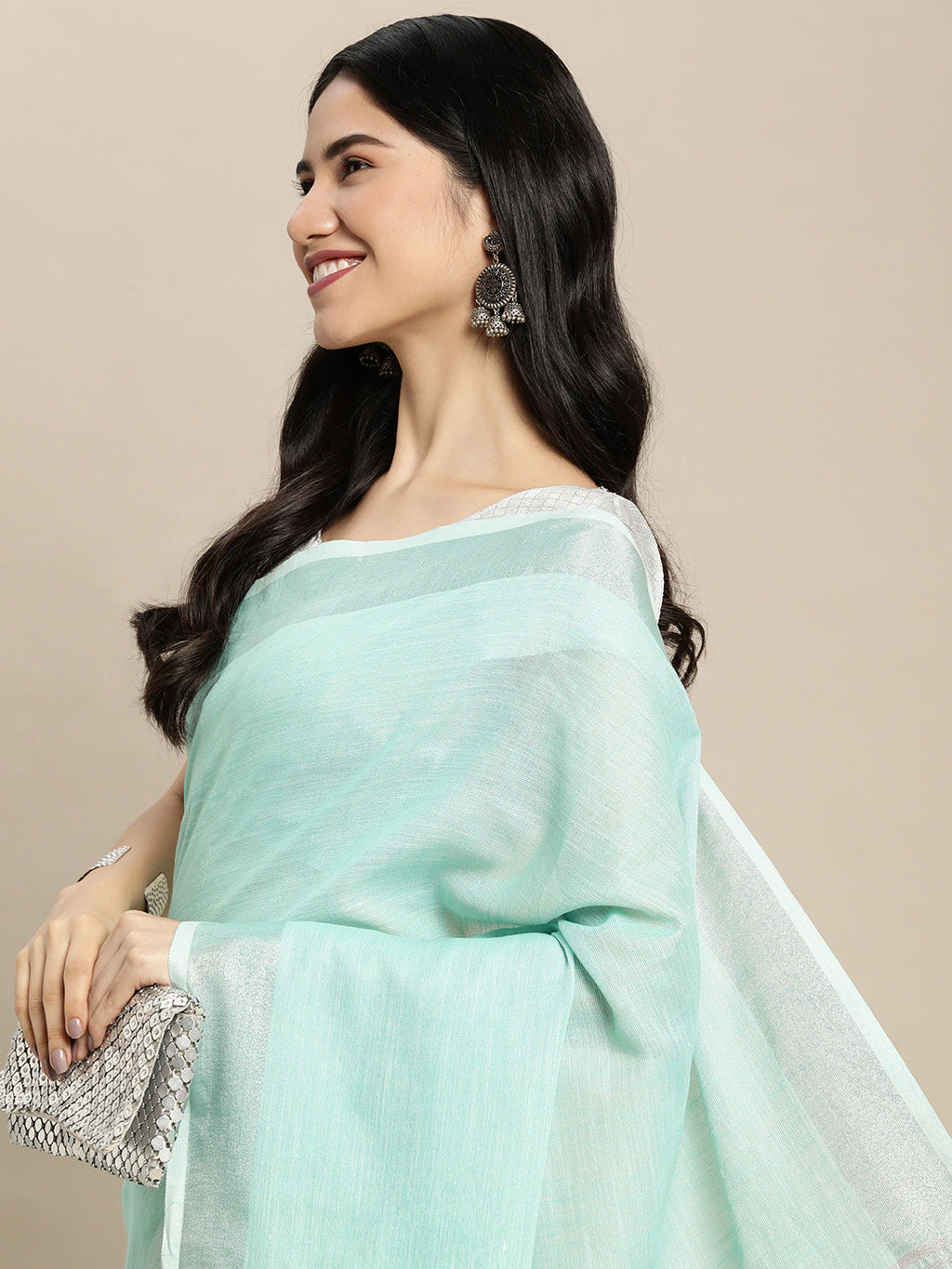 Turquoise Woven Linen Saree with Contrast Zari Border & Tassels