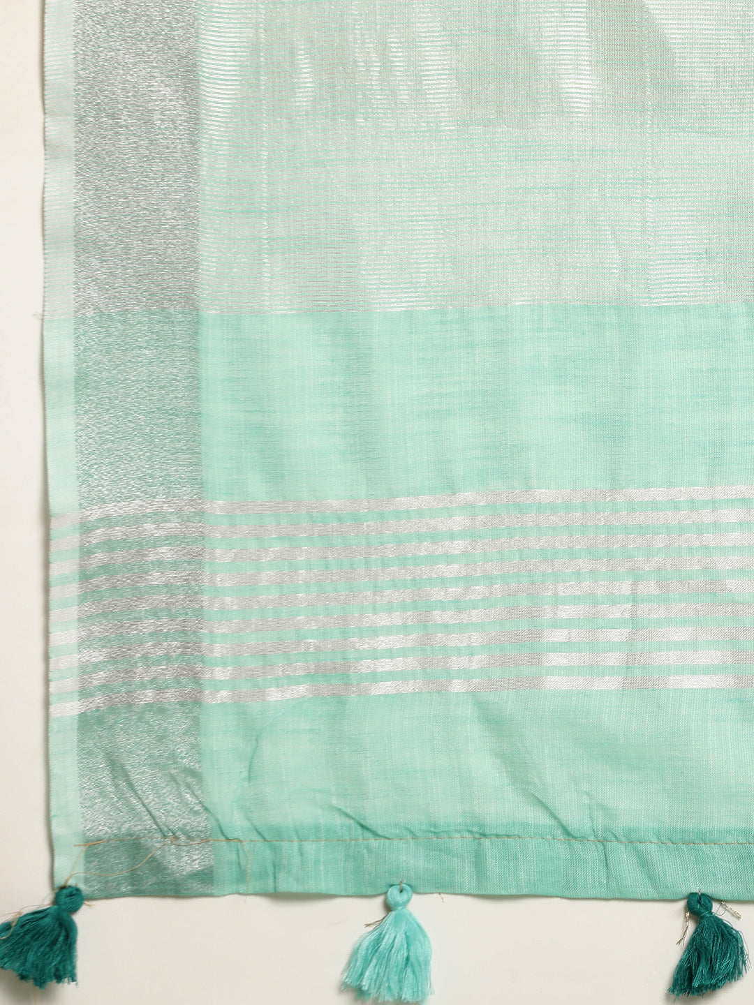Turquoise Woven Linen Saree with Contrast Zari Border & Tassels
