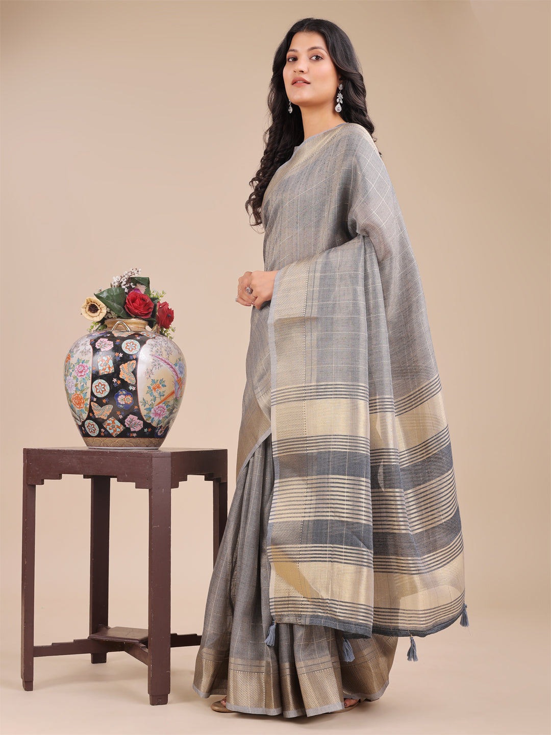 Grey Organza Saree with Woven Zari Work and Tassels