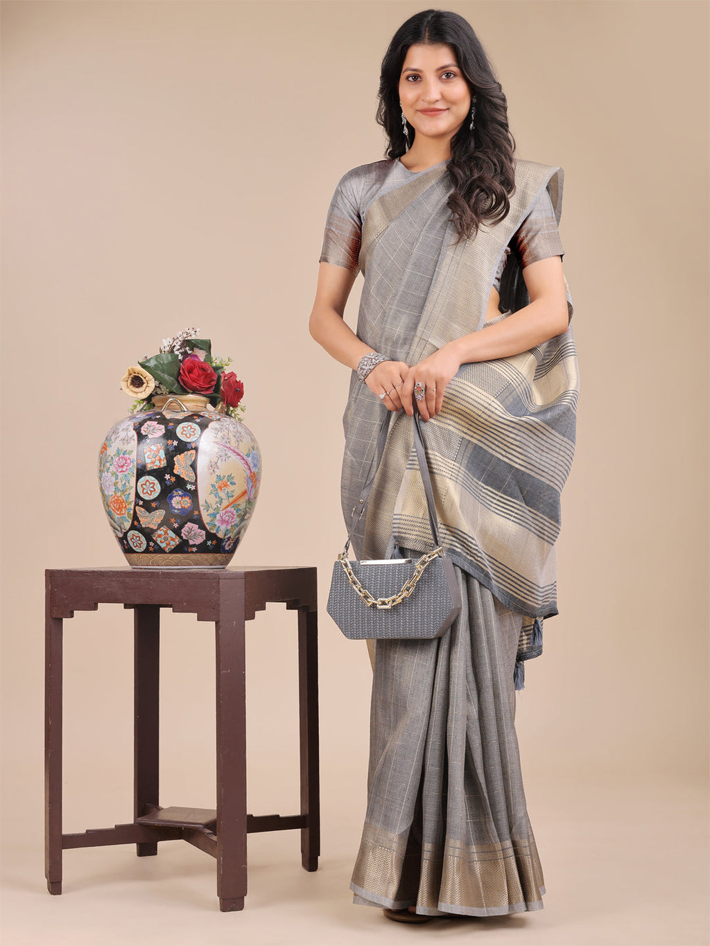 Grey Organza Saree with Woven Zari Work and Tassels