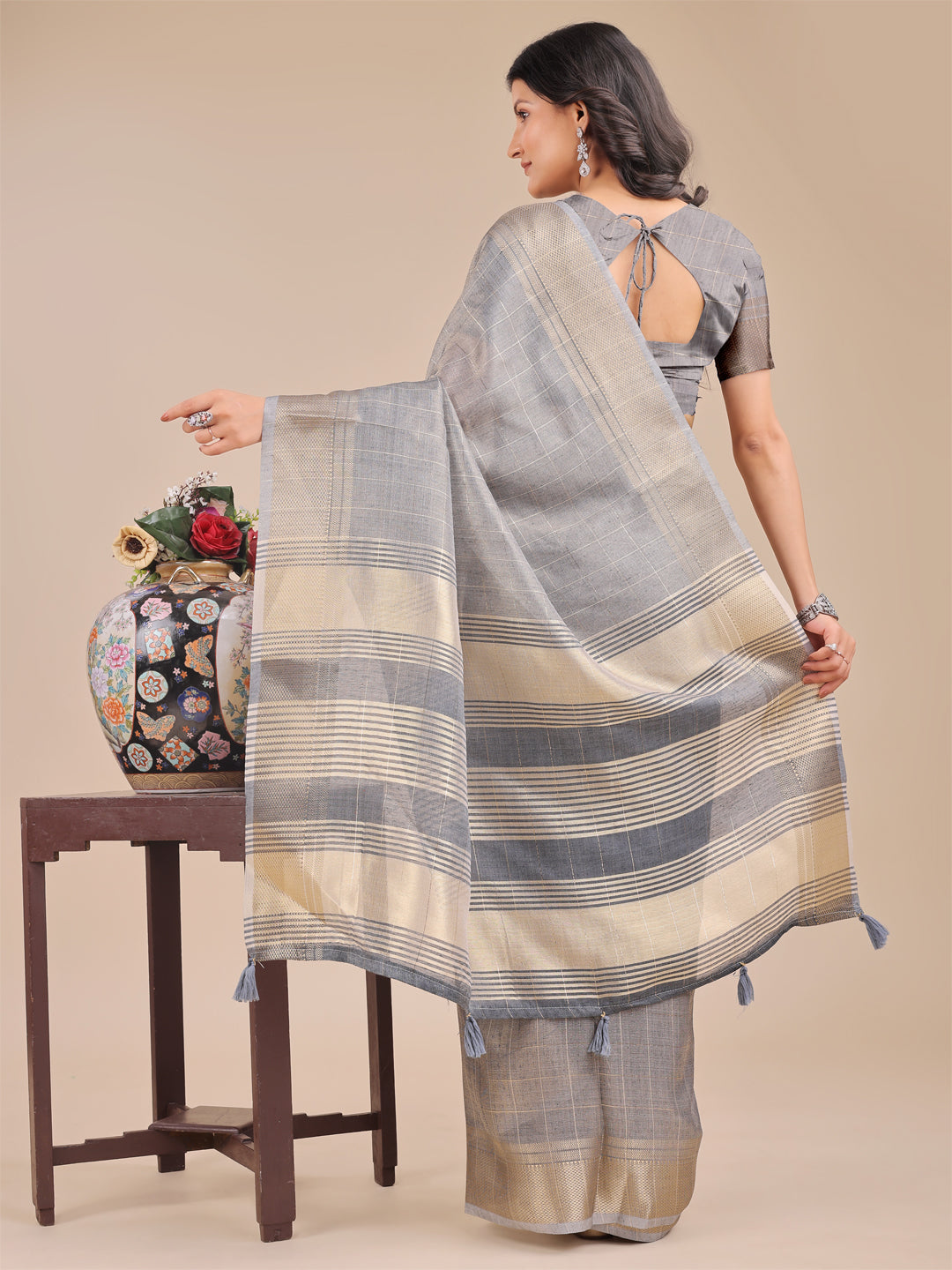 Grey Organza Saree with Woven Zari Work and Tassels