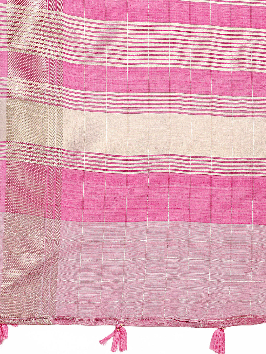 Pink Organza Saree with Woven Zari Work and Tassel Details