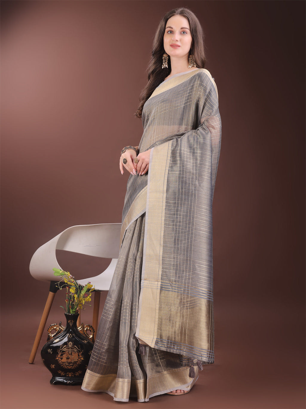 Grey Organza Saree with Gold Checked Design