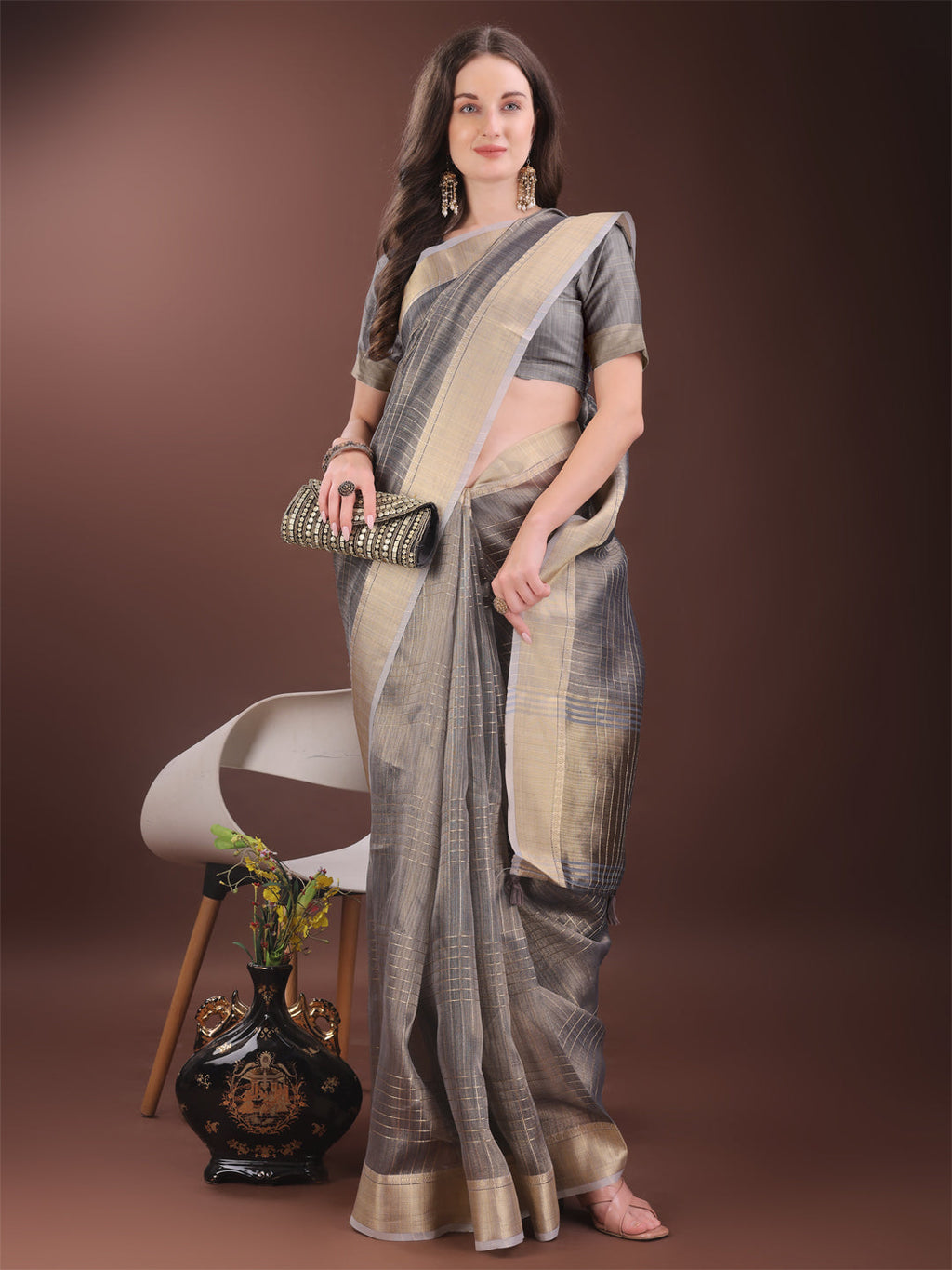 Grey Organza Saree with Gold Checked Design