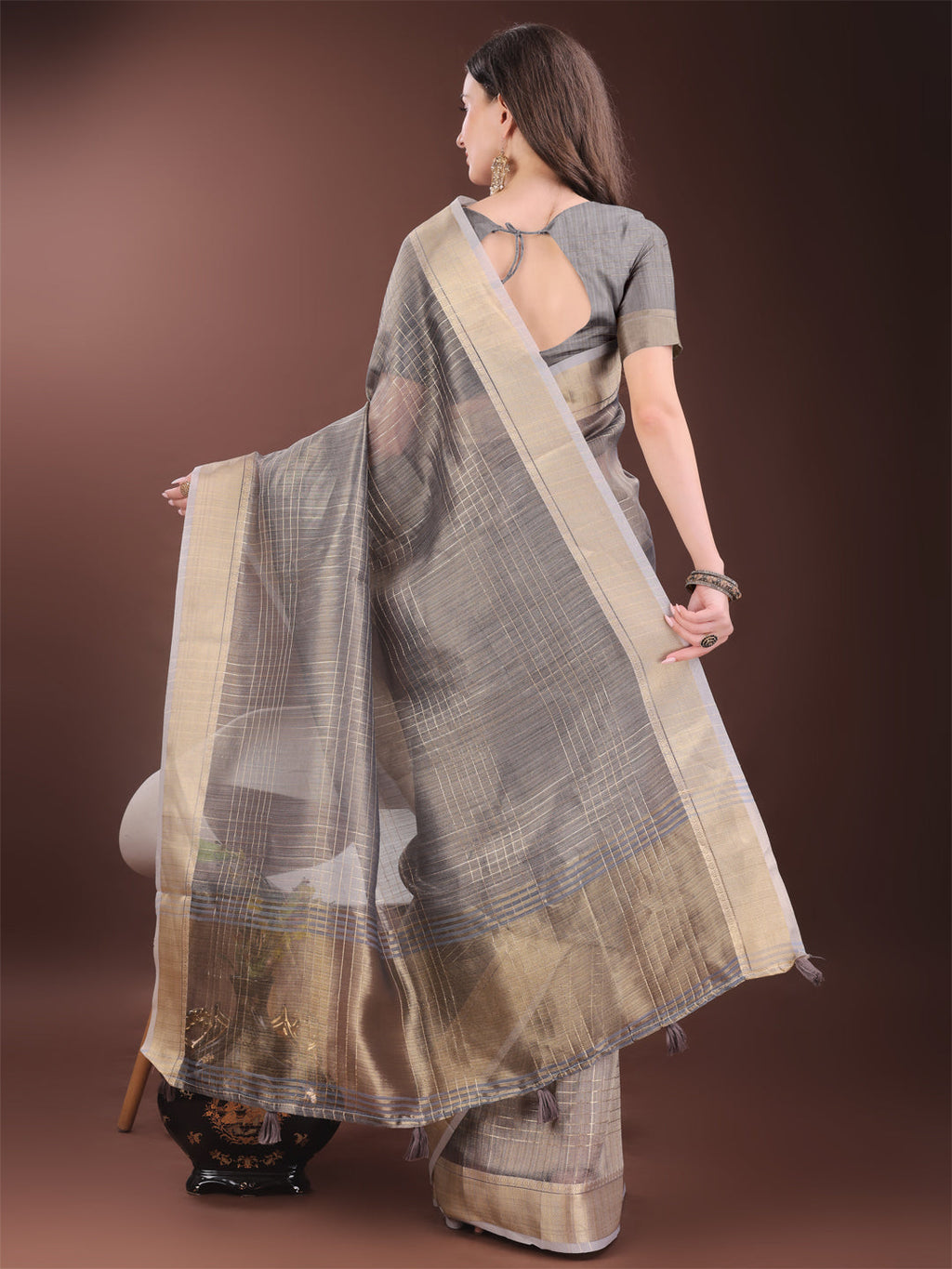 Grey Organza Saree with Gold Checked Design
