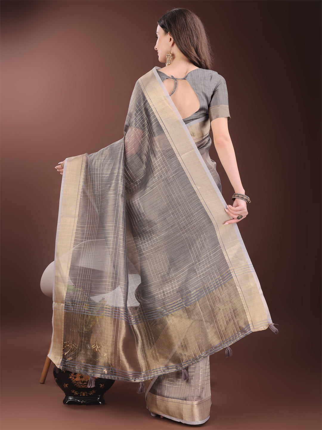Grey Organza Saree with Gold Checked Design