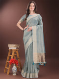 Light blue organza saree with elegant gold checked pattern