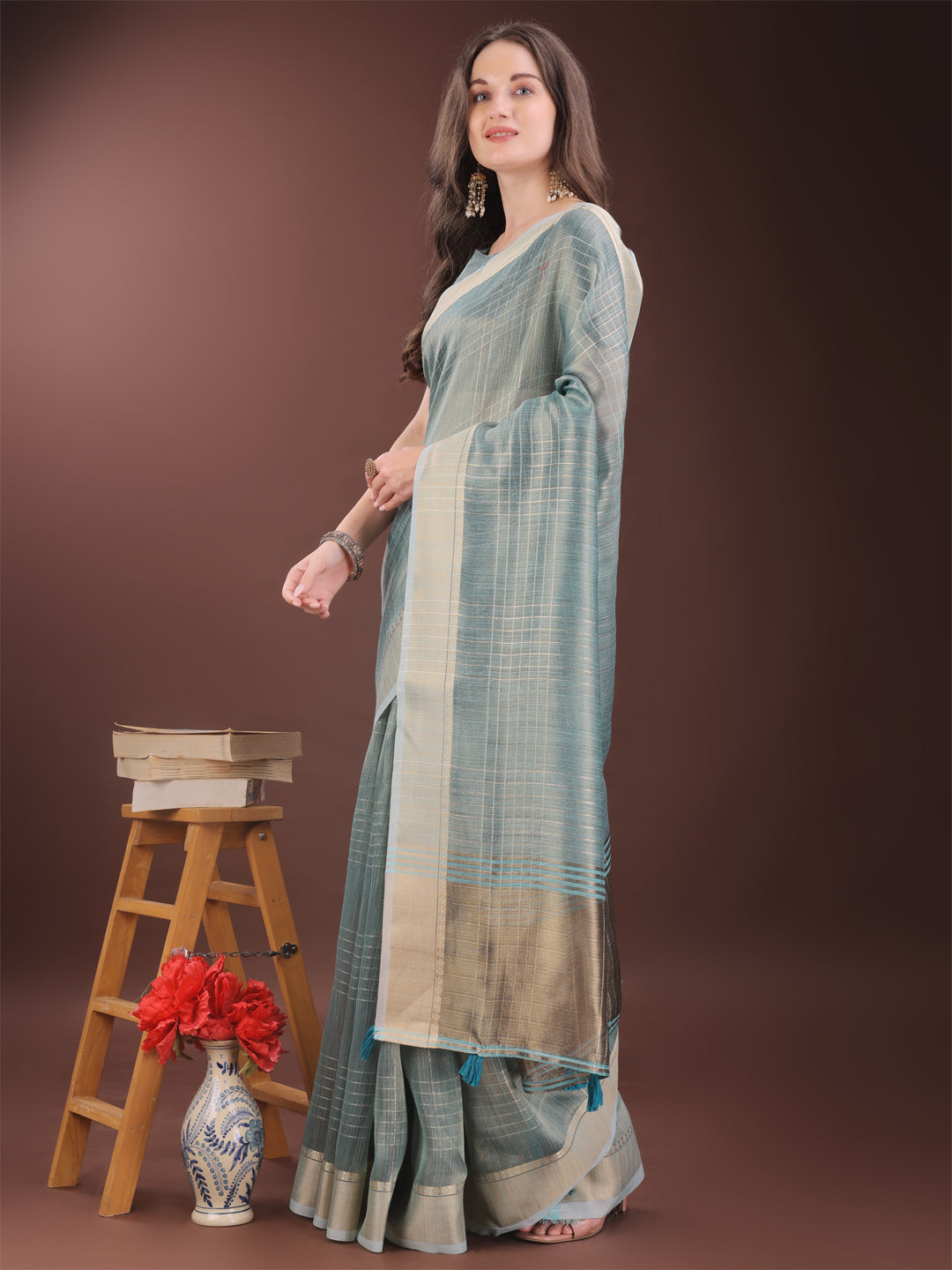 Light Blue Organza Saree with Gold Checked Design