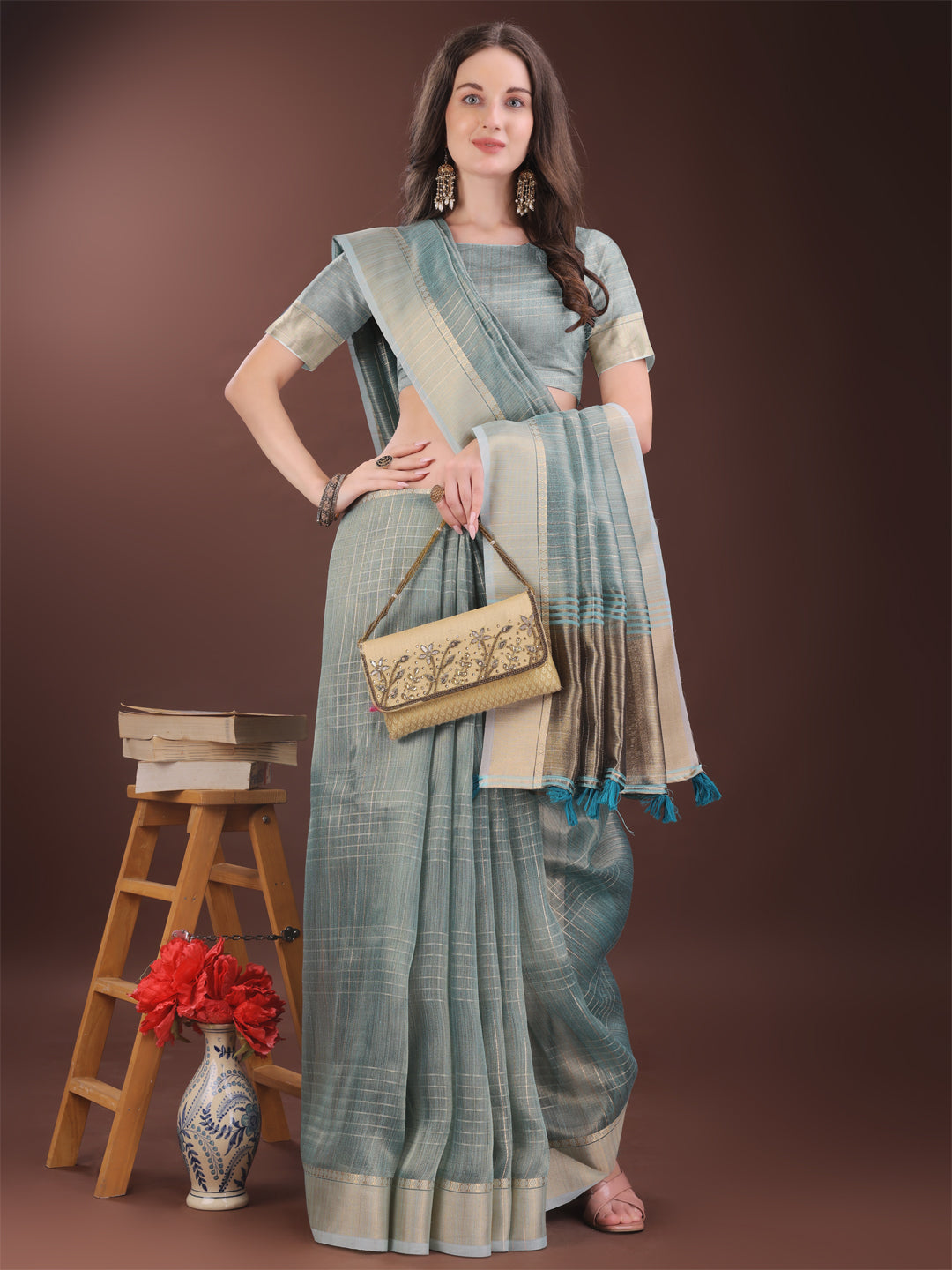 Light Blue Organza Saree with Gold Checked Design