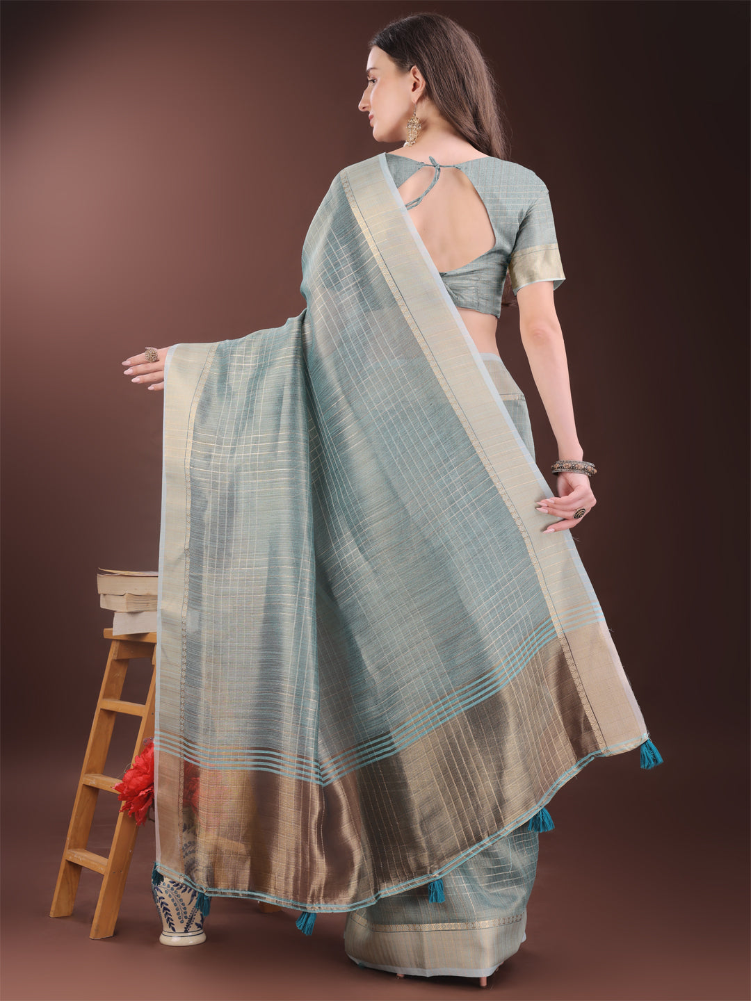 Light Blue Organza Saree with Gold Checked Design
