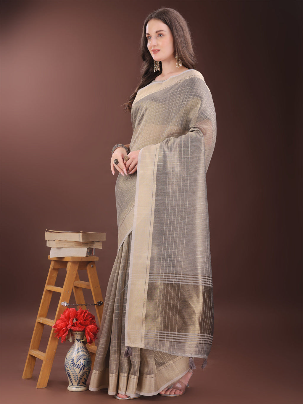 Beige Organza Saree with Gold Checked Design for Formal Wear