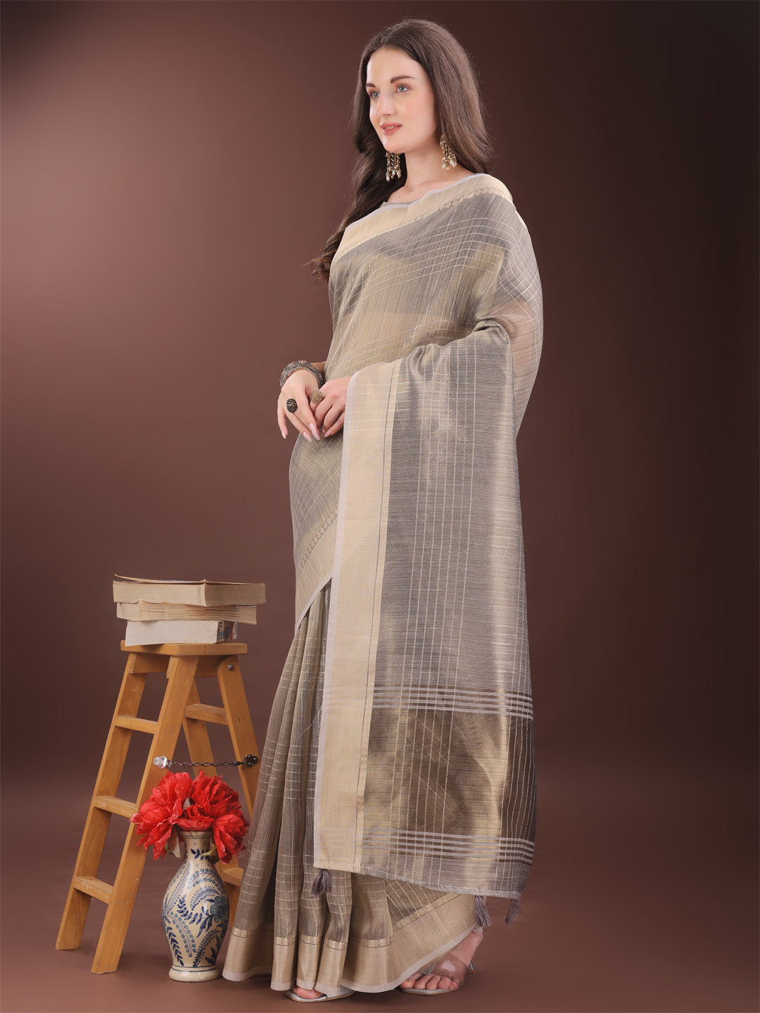 Beige Organza Saree with Gold Checked Design for Formal Wear