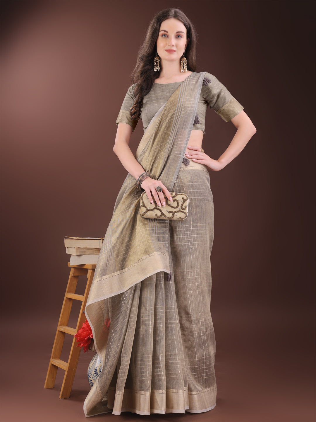 Beige Organza Saree with Gold Checked Design for Formal Wear