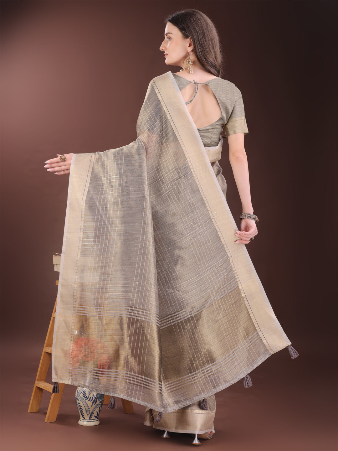 Beige Organza Saree with Gold Checked Design for Formal Wear