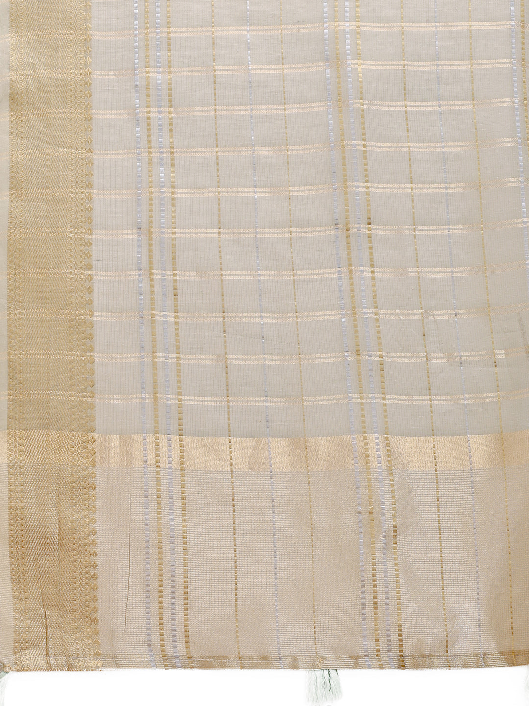Beige Organza Saree with Woven Zari Work and Traditional Tassels