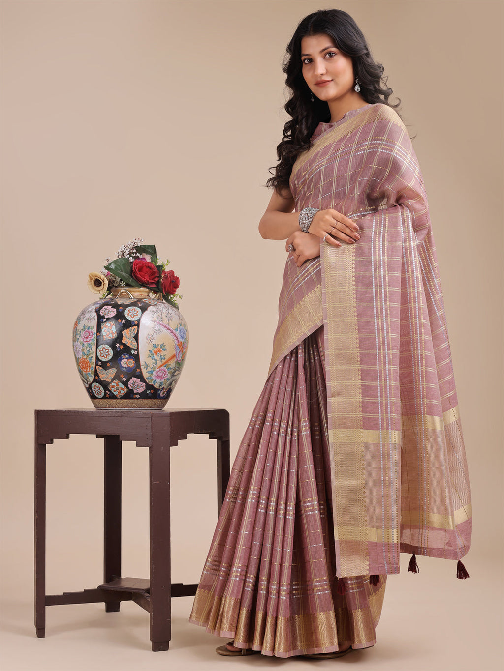 Purple Organza Saree with Woven Zari Work and Tassel Details