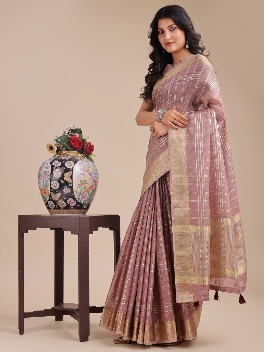 Purple Organza Saree with Woven Zari Work and Tassel Details