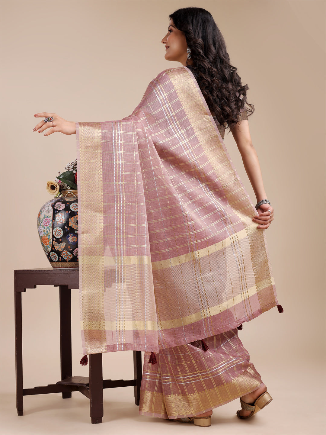 Purple Organza Saree with Woven Zari Work and Tassel Details