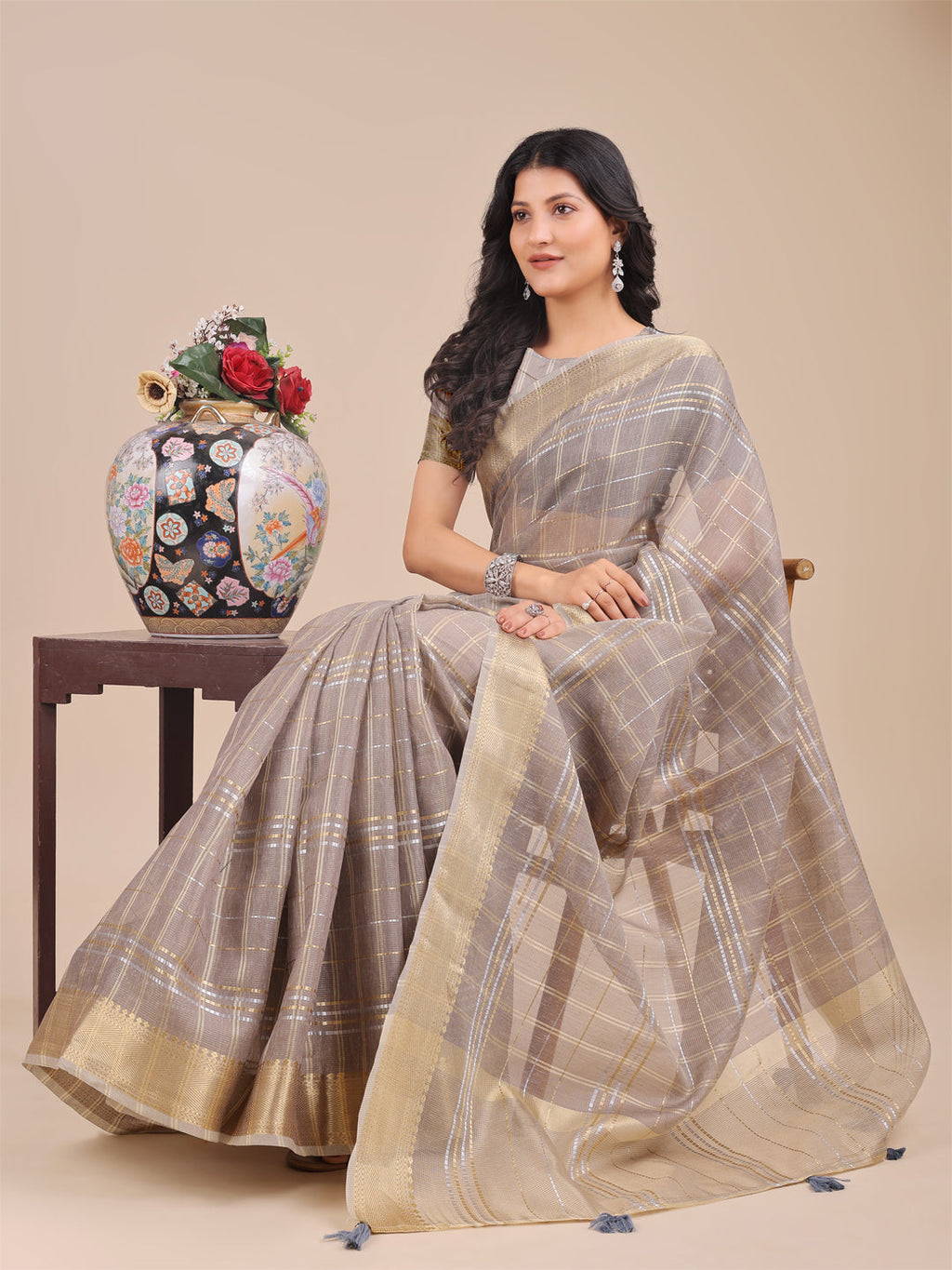 Tan Organza Saree with Woven Zari Work and Tassel Detail