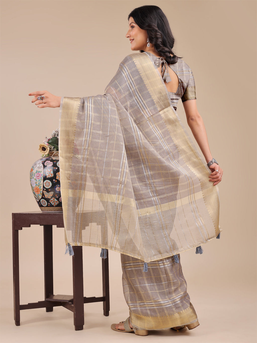 Tan Organza Saree with Woven Zari Work and Tassel Detail