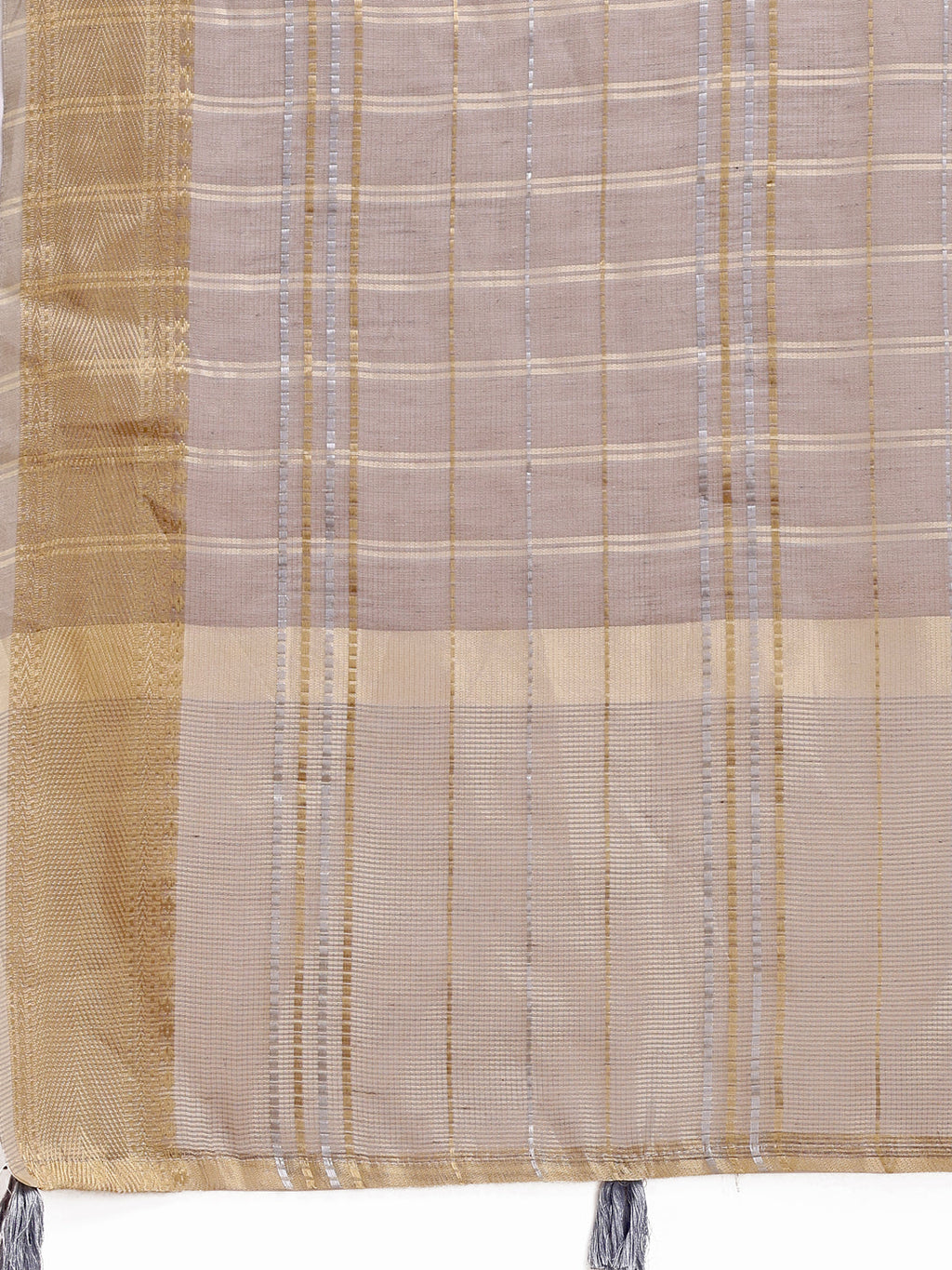 Tan Organza Saree with Woven Zari Work and Tassel Detail