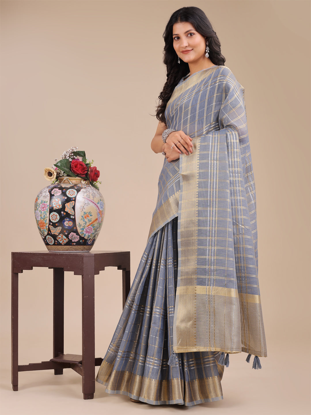 Sky Blue Organza Saree with Woven Zari Work and Traditional Tassels