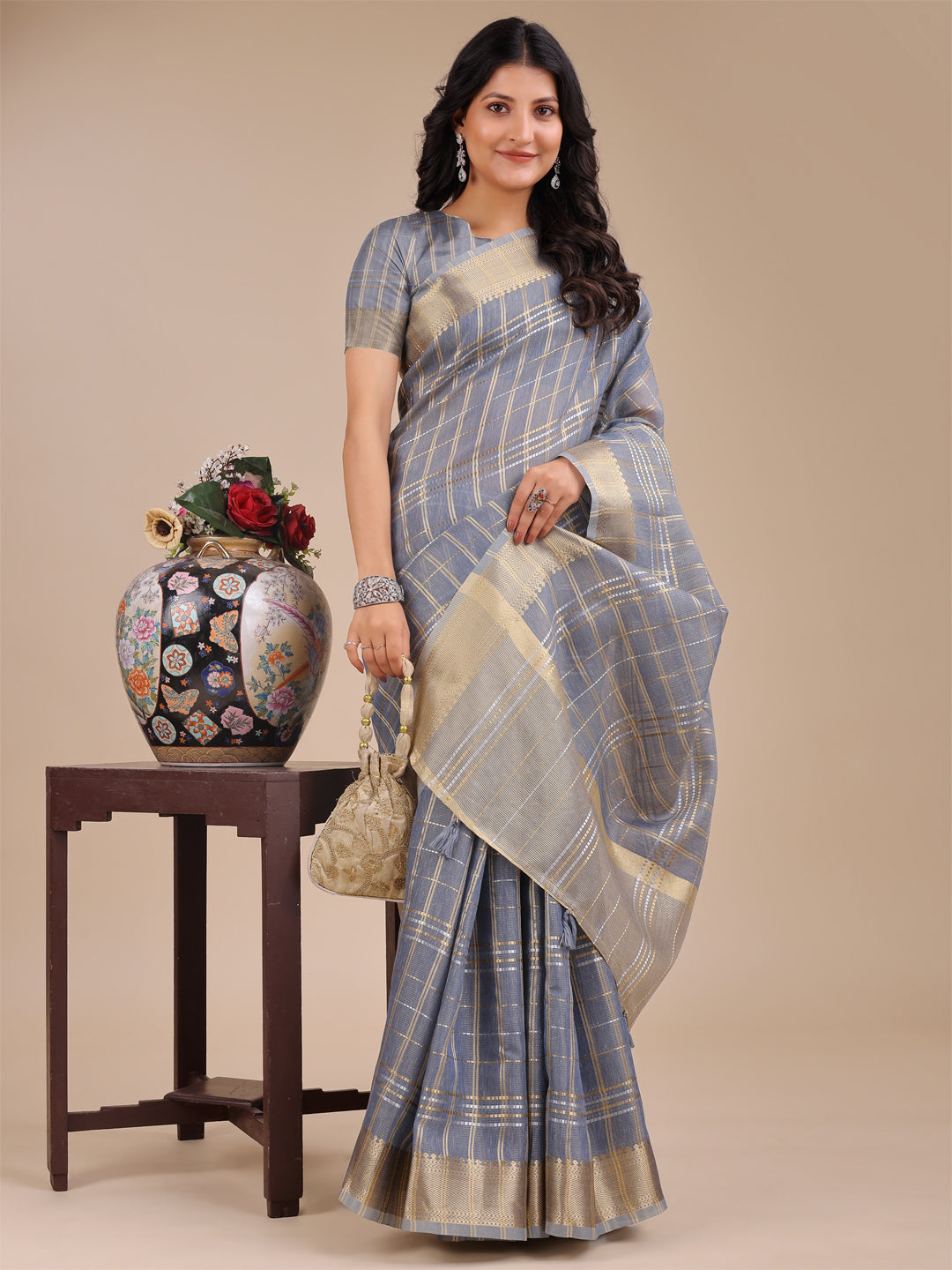 Sky Blue Organza Saree with Woven Zari Work and Traditional Tassels