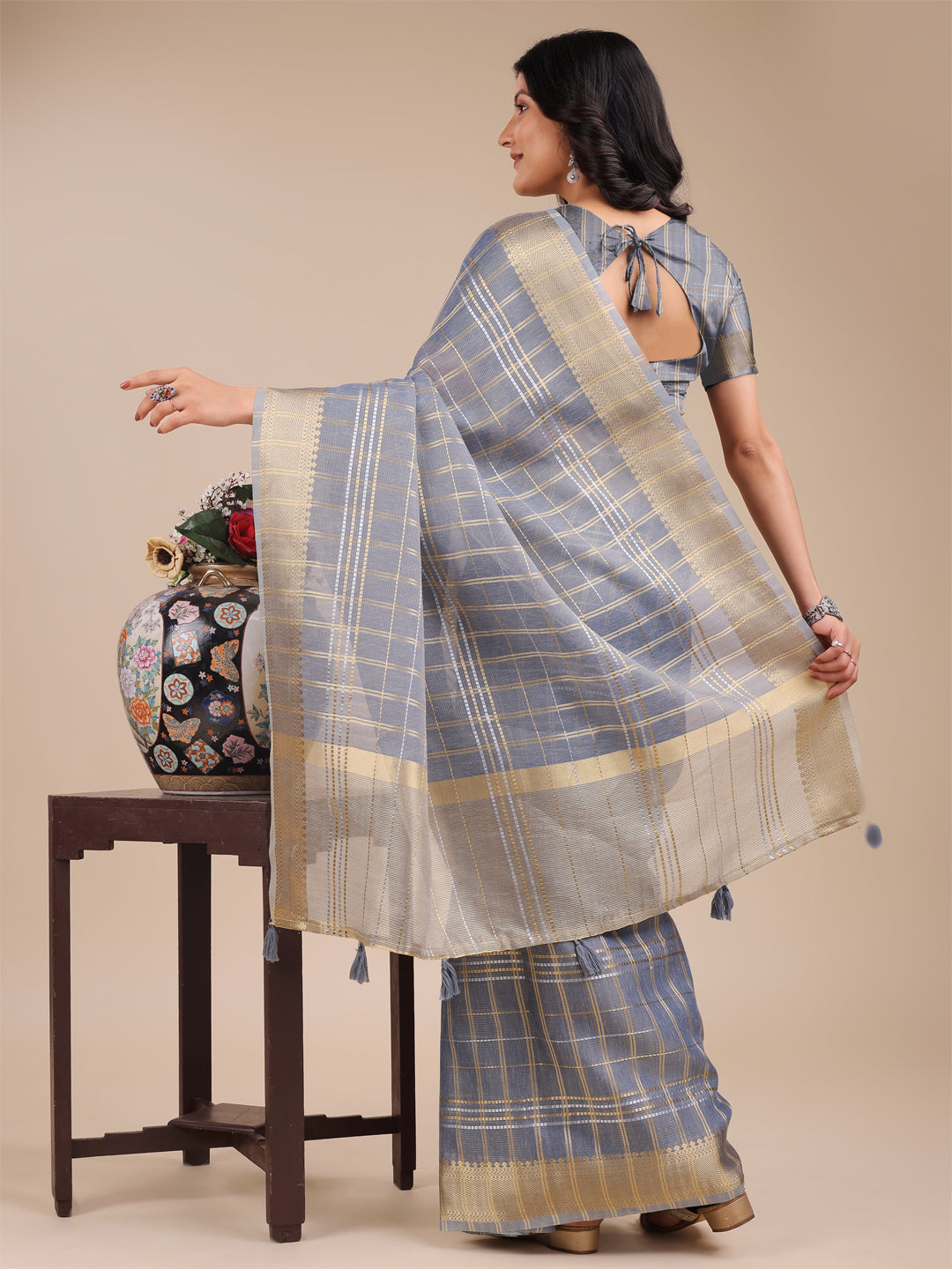 Sky Blue Organza Saree with Woven Zari Work and Traditional Tassels