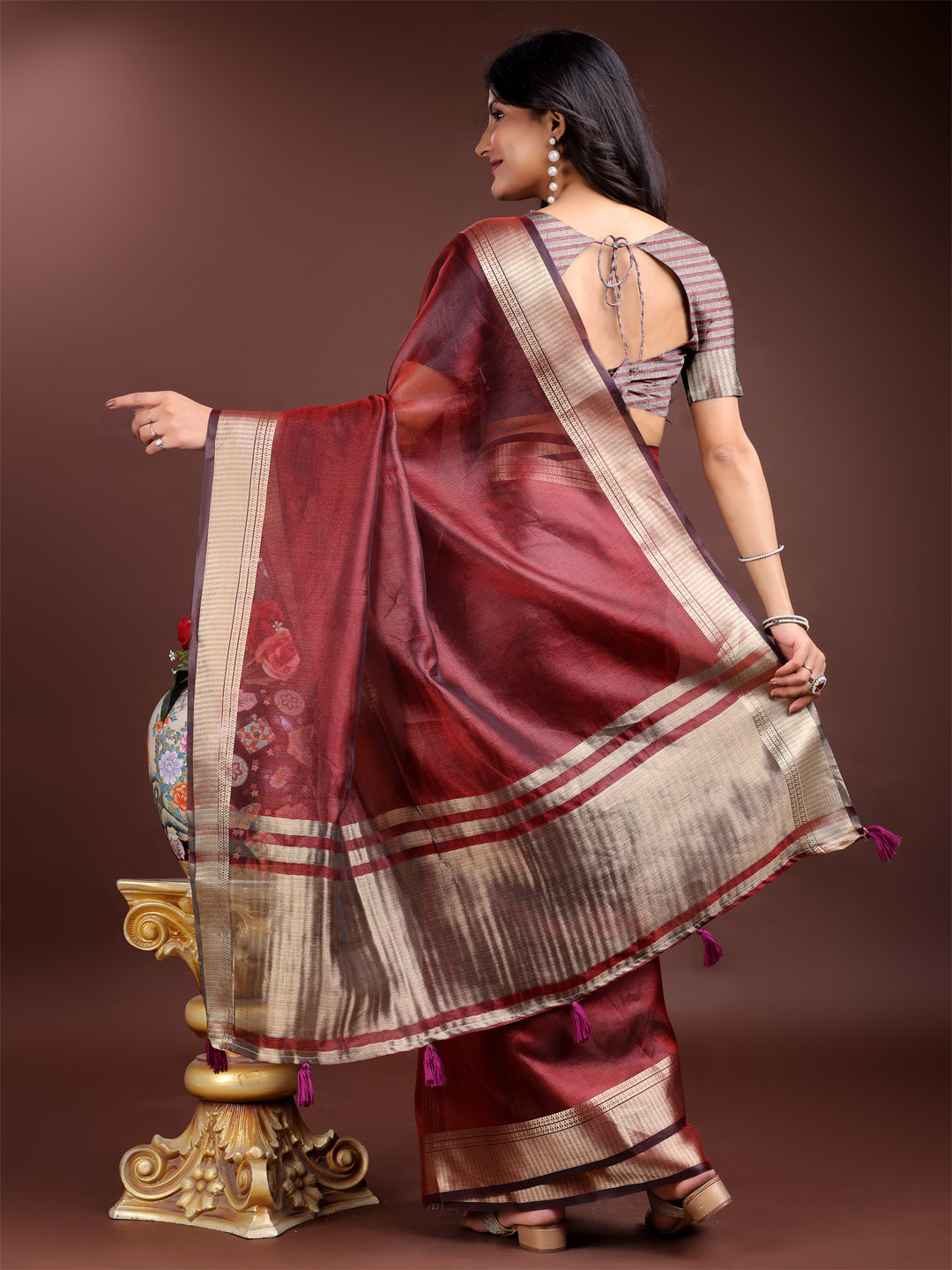 Red Organza Saree with Woven Zari Work and Traditional Tassels