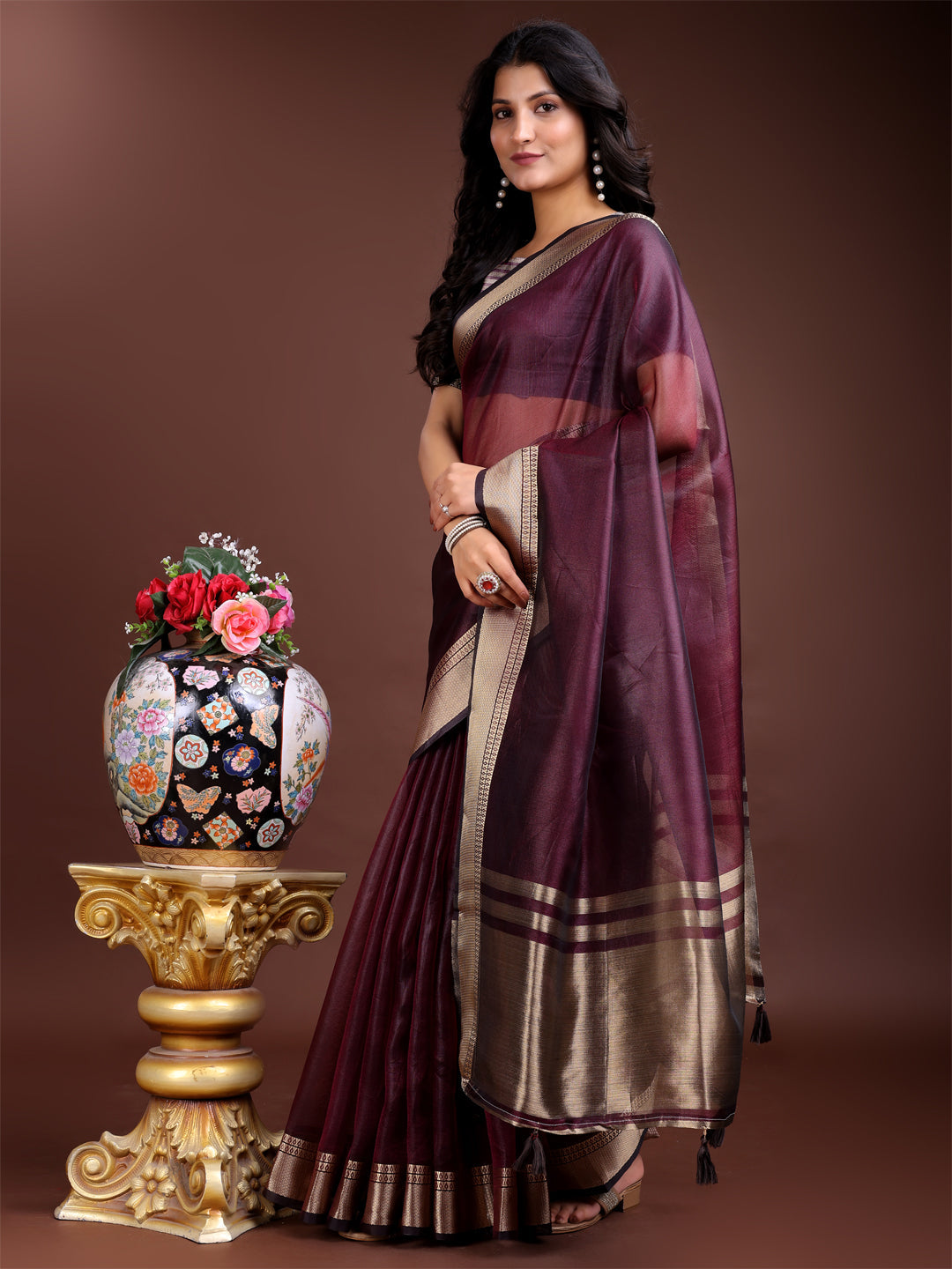 Purple Organza Woven Zari Work Traditional Tassel Saree